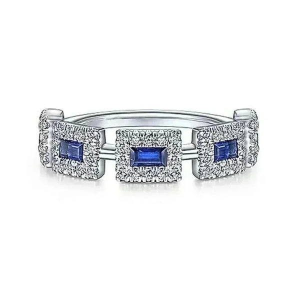 New Beautiful Sterling Silver Blue and White Sapphires Band Ring - Picture 2 of 5